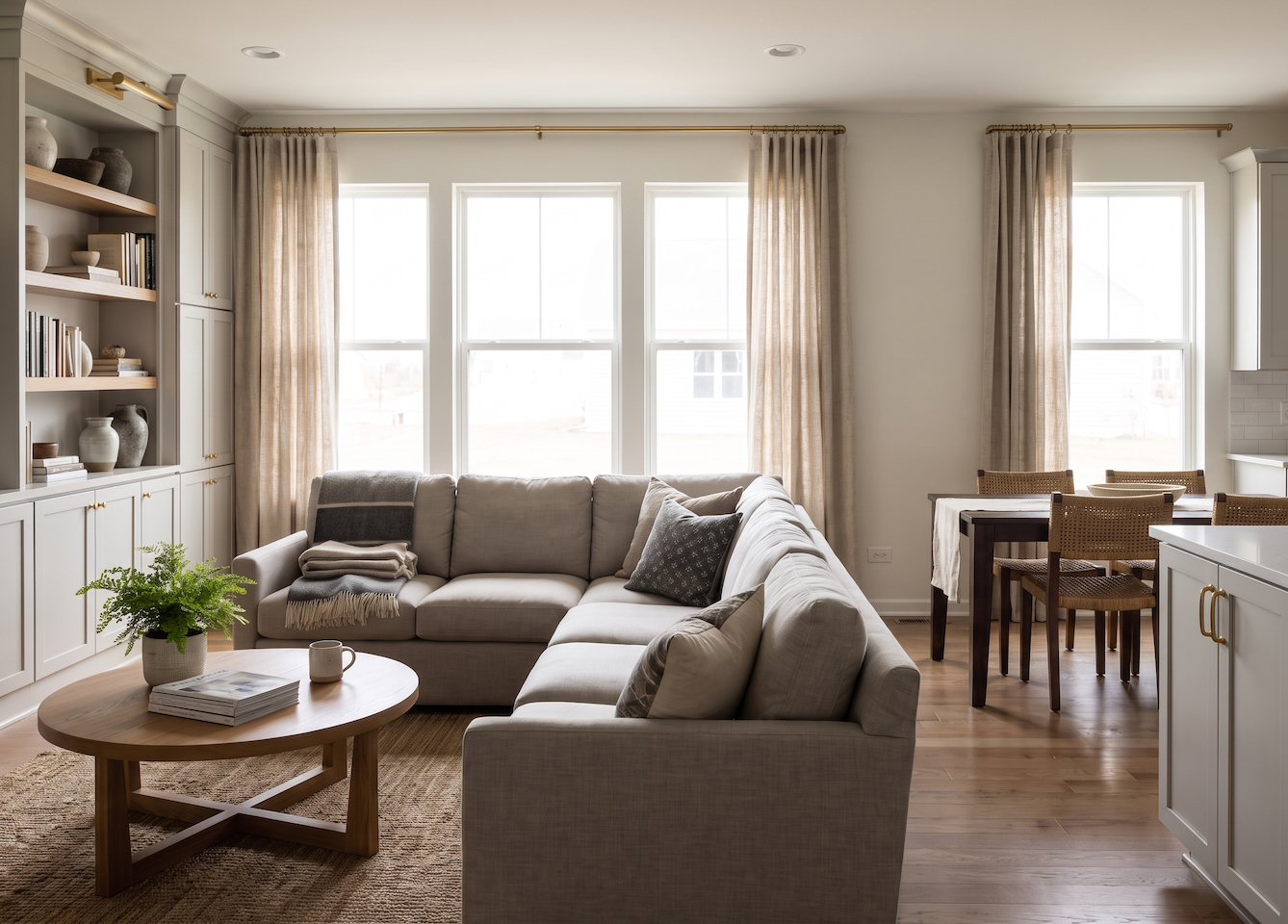 Living room with staged furniture and linen curtains with custom neutral tone cabinets