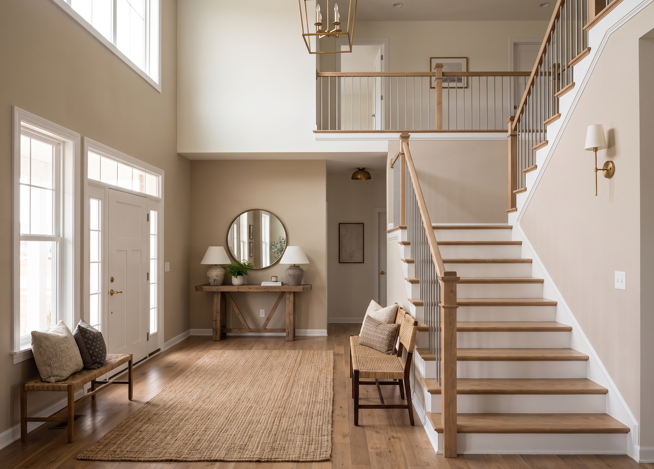 Chicago home entryway and foyer with cohesive furniture and a modern staircase