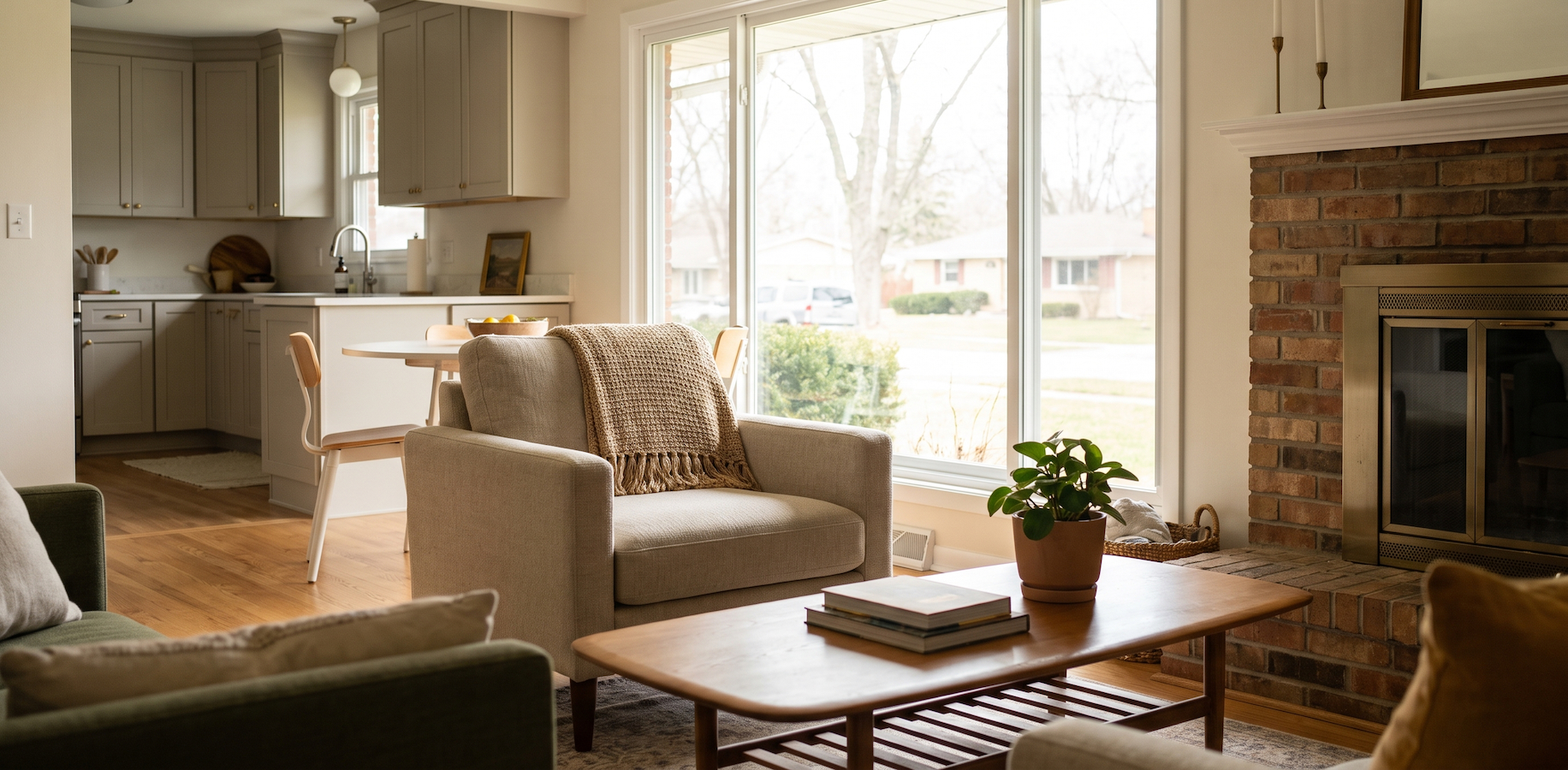 Interior of a Chicago home with professionaly staged living room and great room in a mid-century home with a brick fireplace