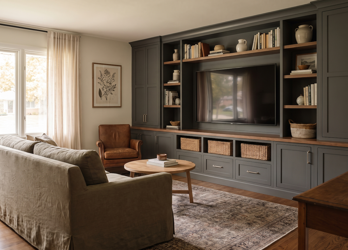 Living room with custom media wall cabinetry and staged furniture that ties the room together