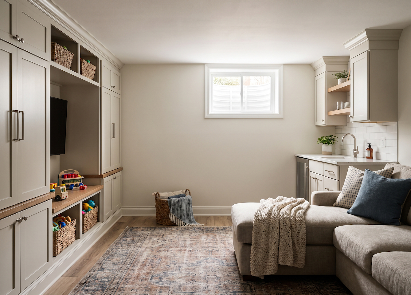 Finished basement in Lincoln Park with custom cabinetry, wet bar, and furniture selected to fit the space perfectly