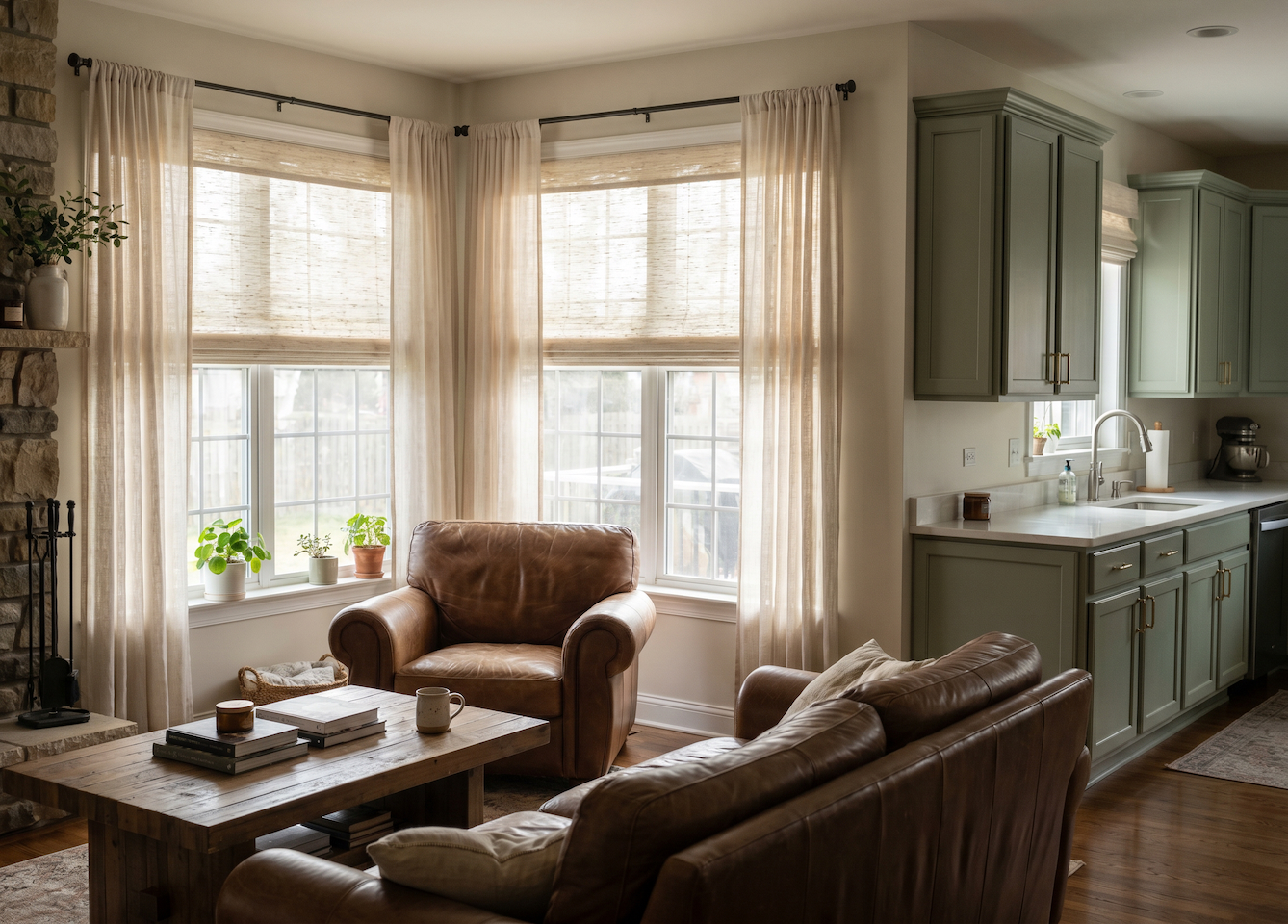Custom Graber blinds in a living room with soft daylight