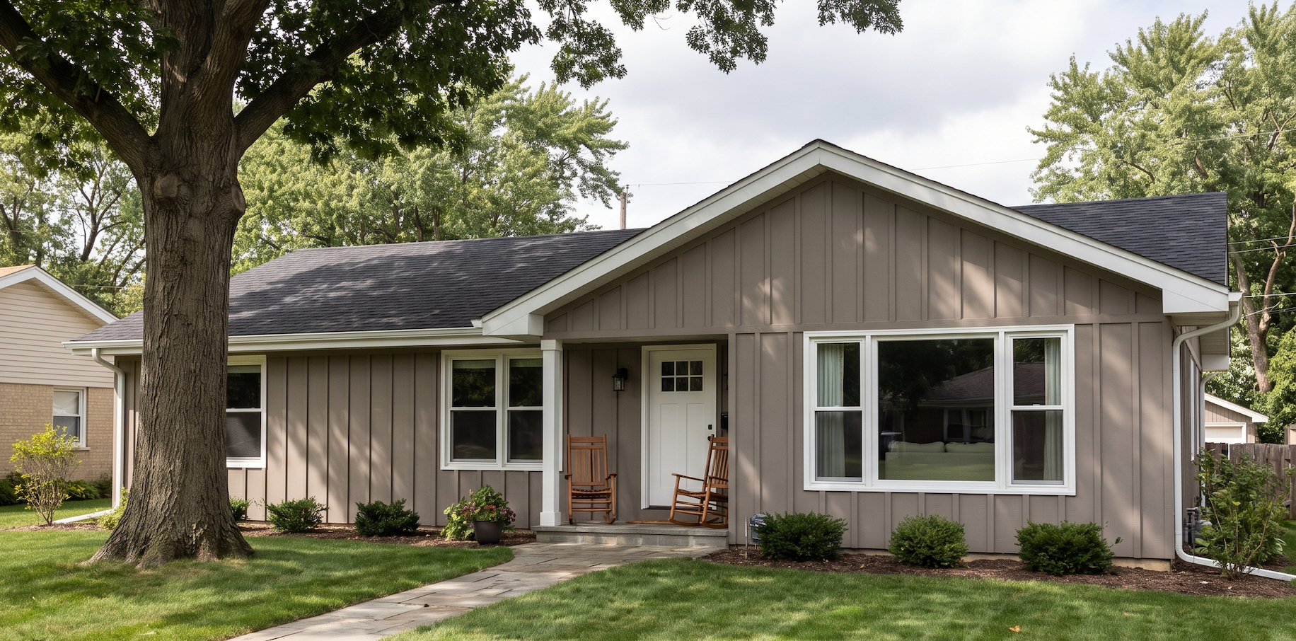 Exterior of a ranch home in the Chicago suburbs painted a neutral tone 