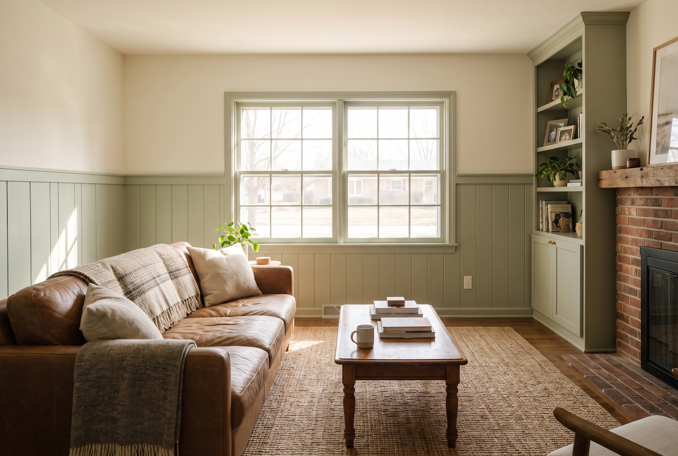 Licing room painted a neutral soft white with sage green painted wainscotting
