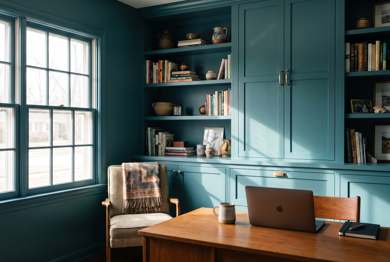 Color drenched office in Chicago with a teal blue and warm wood desk