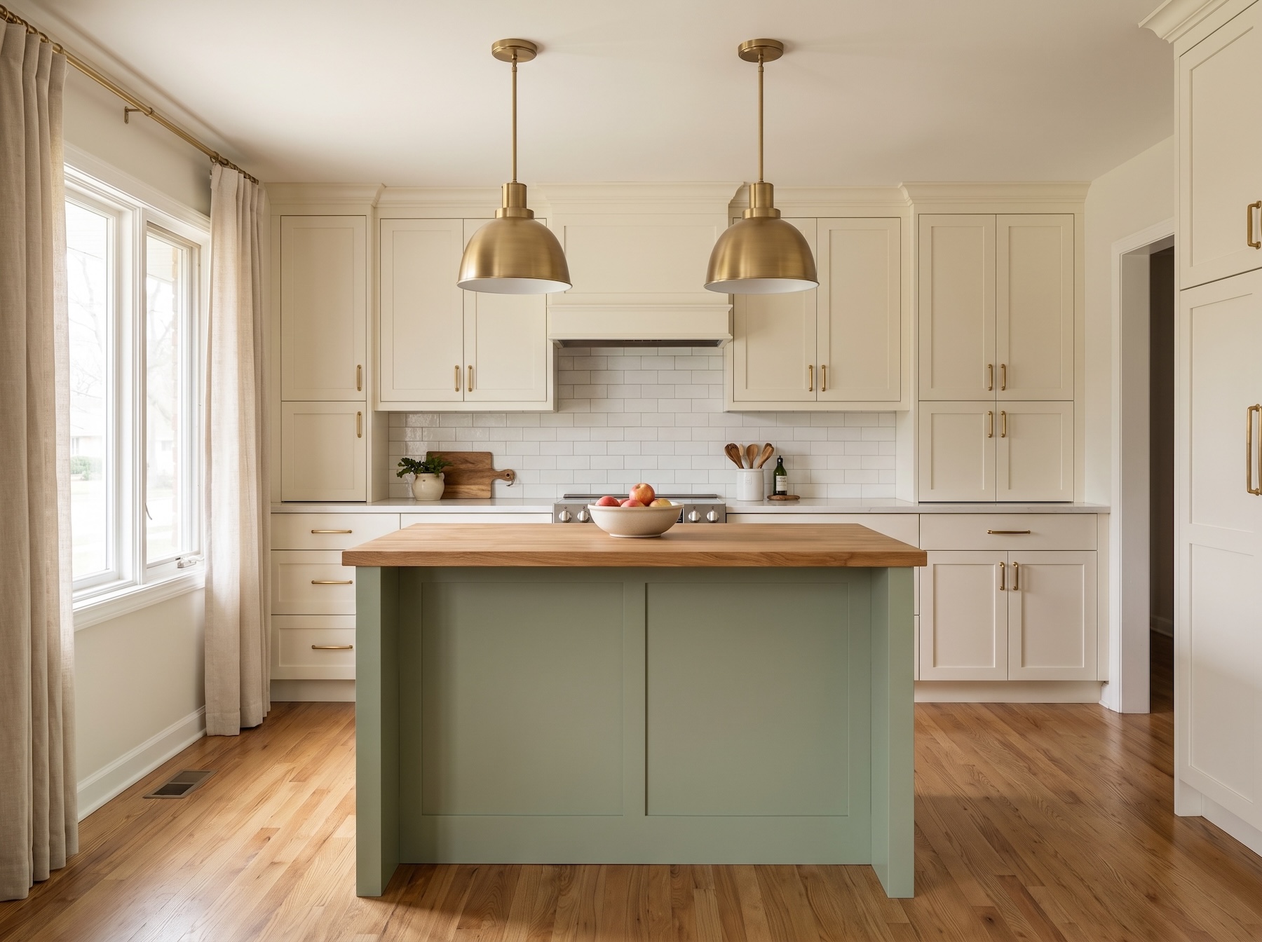 Suburban kitchen with a soft sage green island against a cream perimeter and warm lighting.