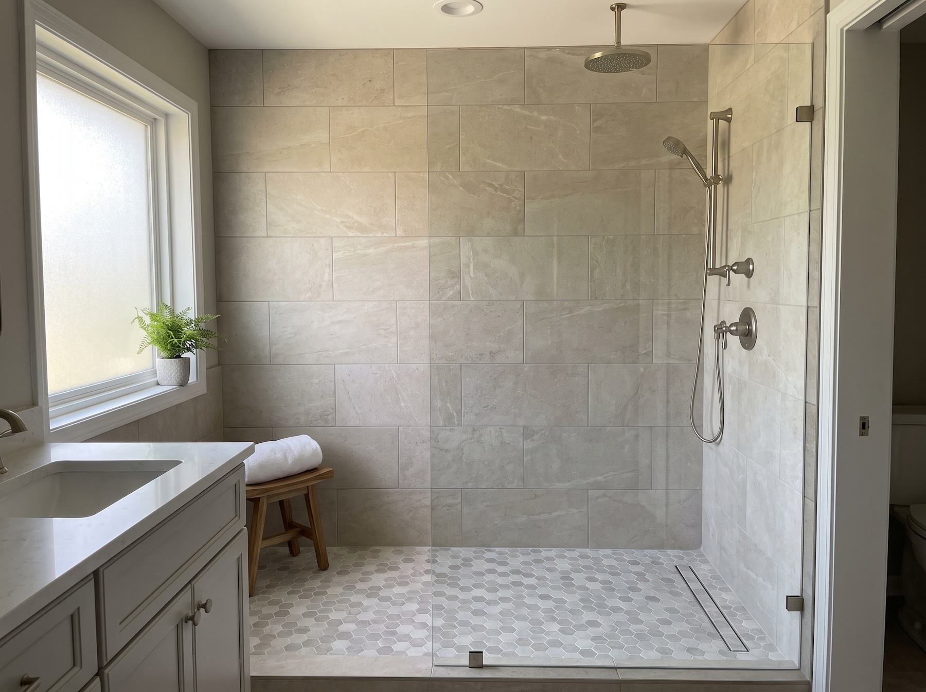 Curbless walk-in shower with a frameless glass panel, stone-look tile, and hexagon mosaic floor.