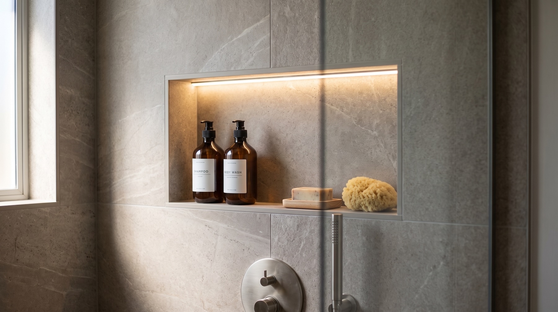 Lit recessed shower niche in large-format tile with a linear mosaic accent band.