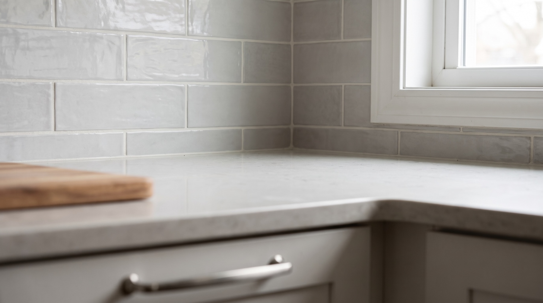  Close-up of a stacked tile backsplash meeting a quartz kitchen counter.