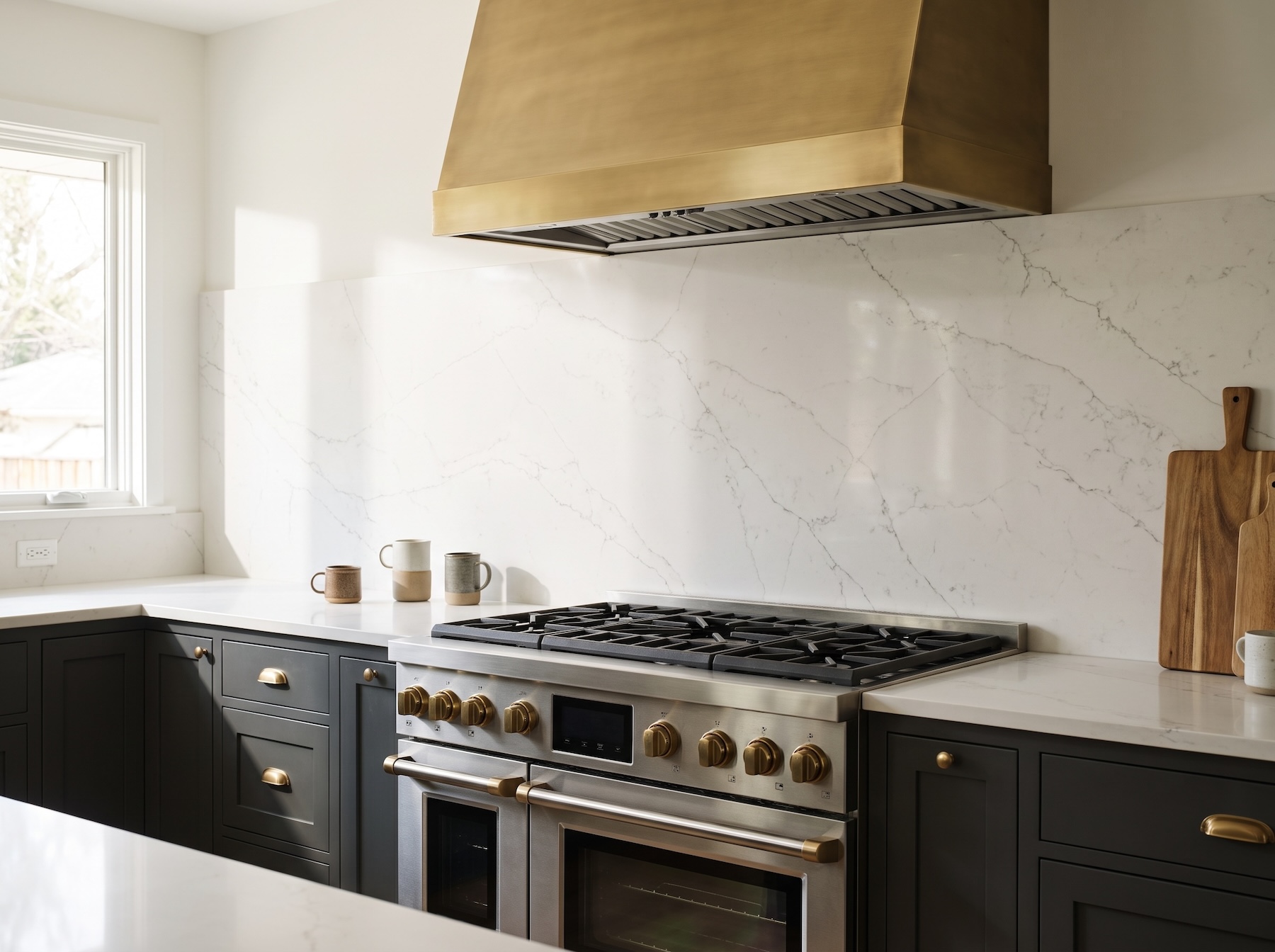 Kitchen range wall with a full-height quartz slab backsplash between painted cabinets.