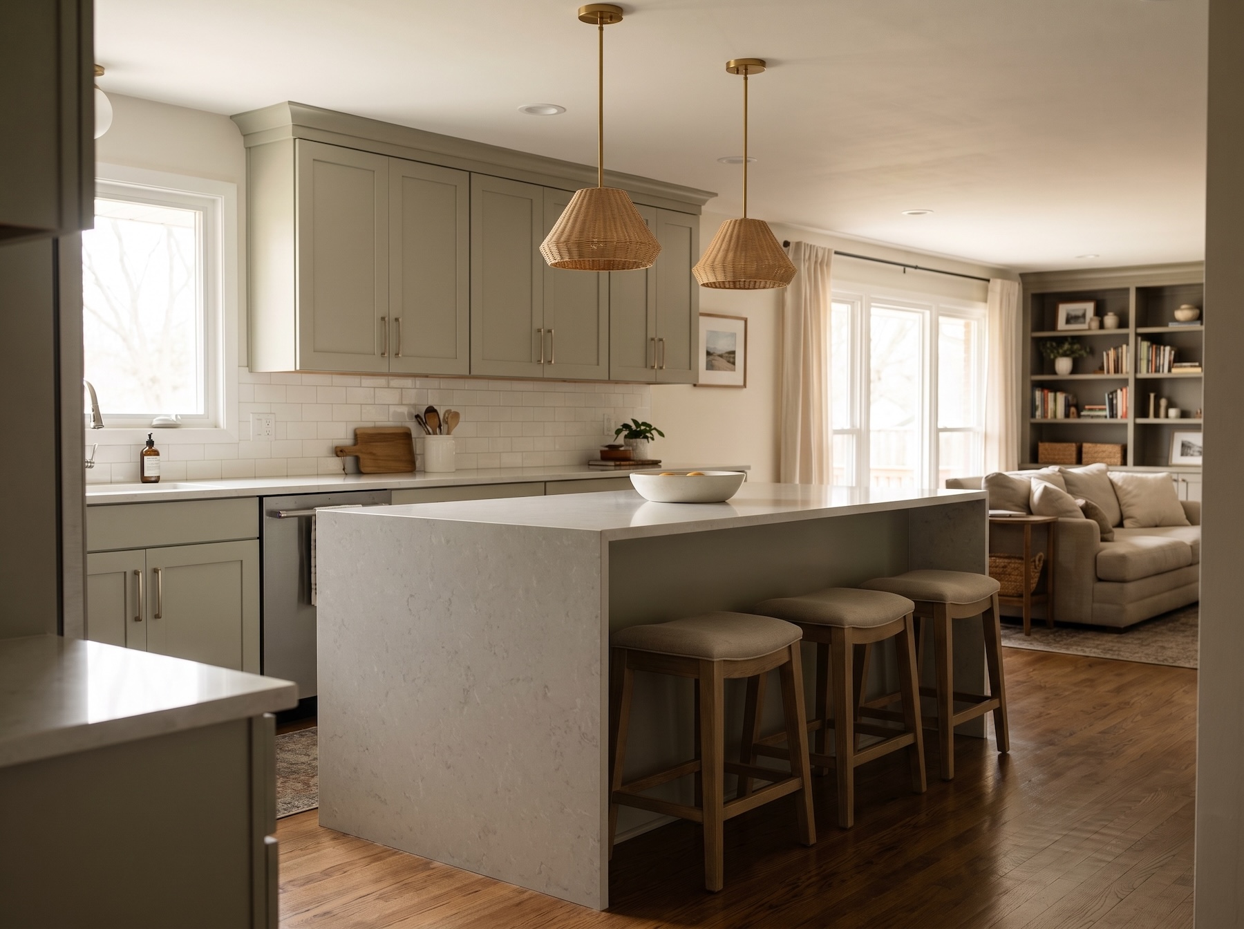 Kitchen island with a quartz waterfall edge, seating, and layered pendant lighting.