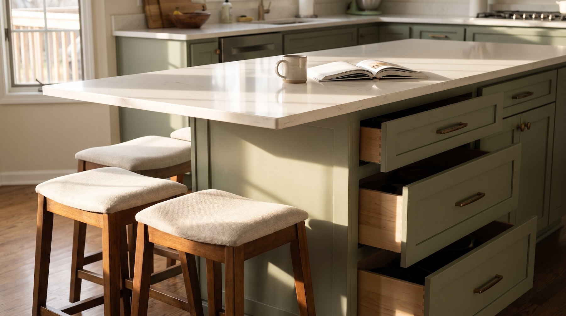 Seating side of a kitchen island with a wraparound overhang, stools, and deep drawers.