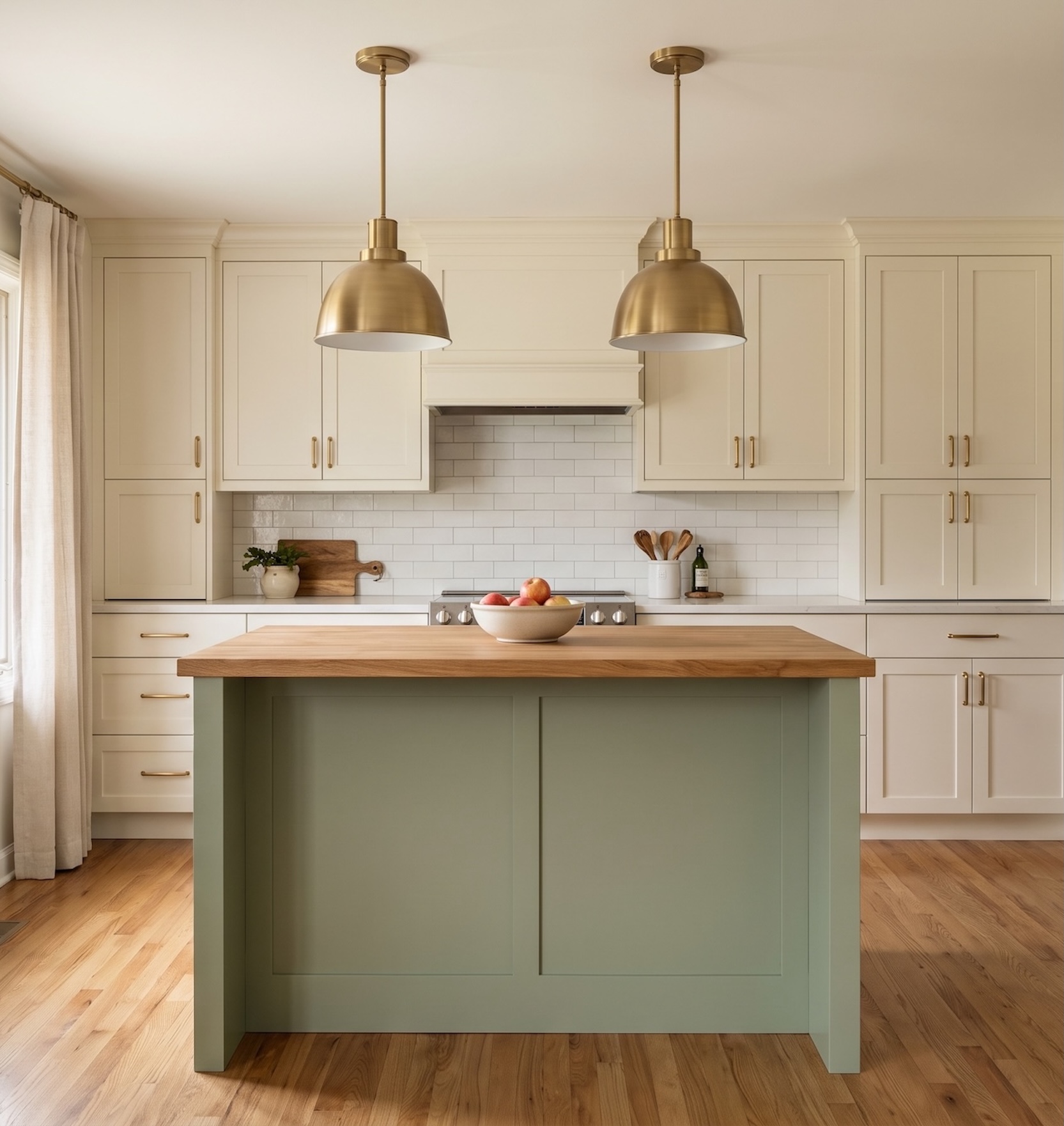 Suburban kitchen with a soft sage green island against a cream perimeter and warm lighting.