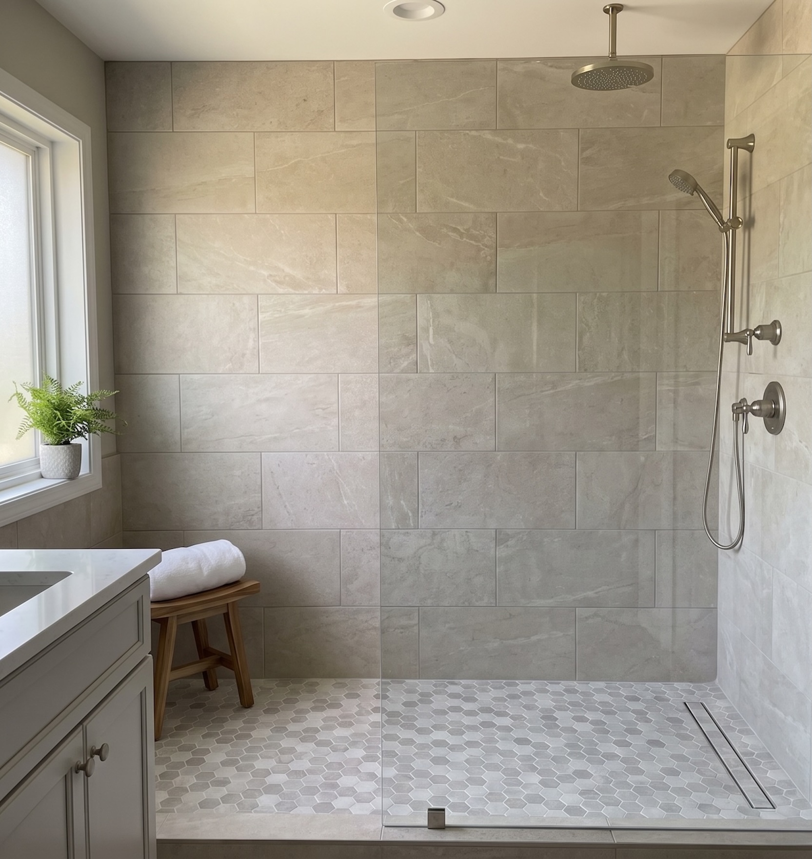 Curbless walk-in shower with a frameless glass panel, stone-look tile, and hexagon mosaic floor.
