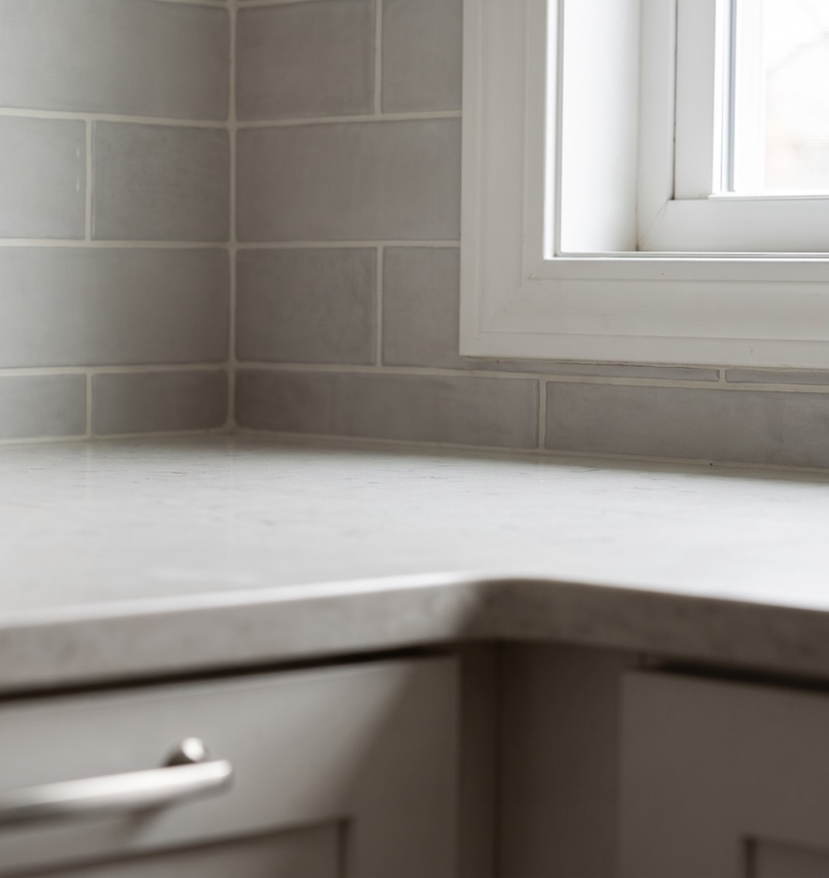  Close-up of a stacked tile backsplash meeting a quartz kitchen counter.