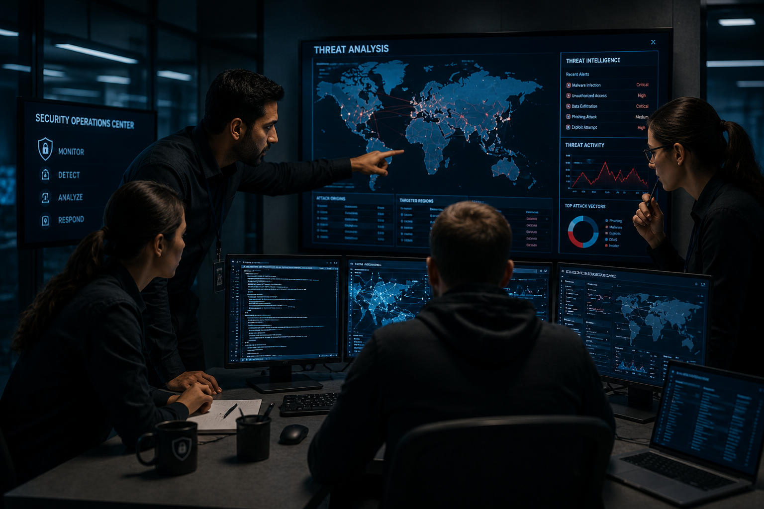 Cybersecurity team analyzing network threats