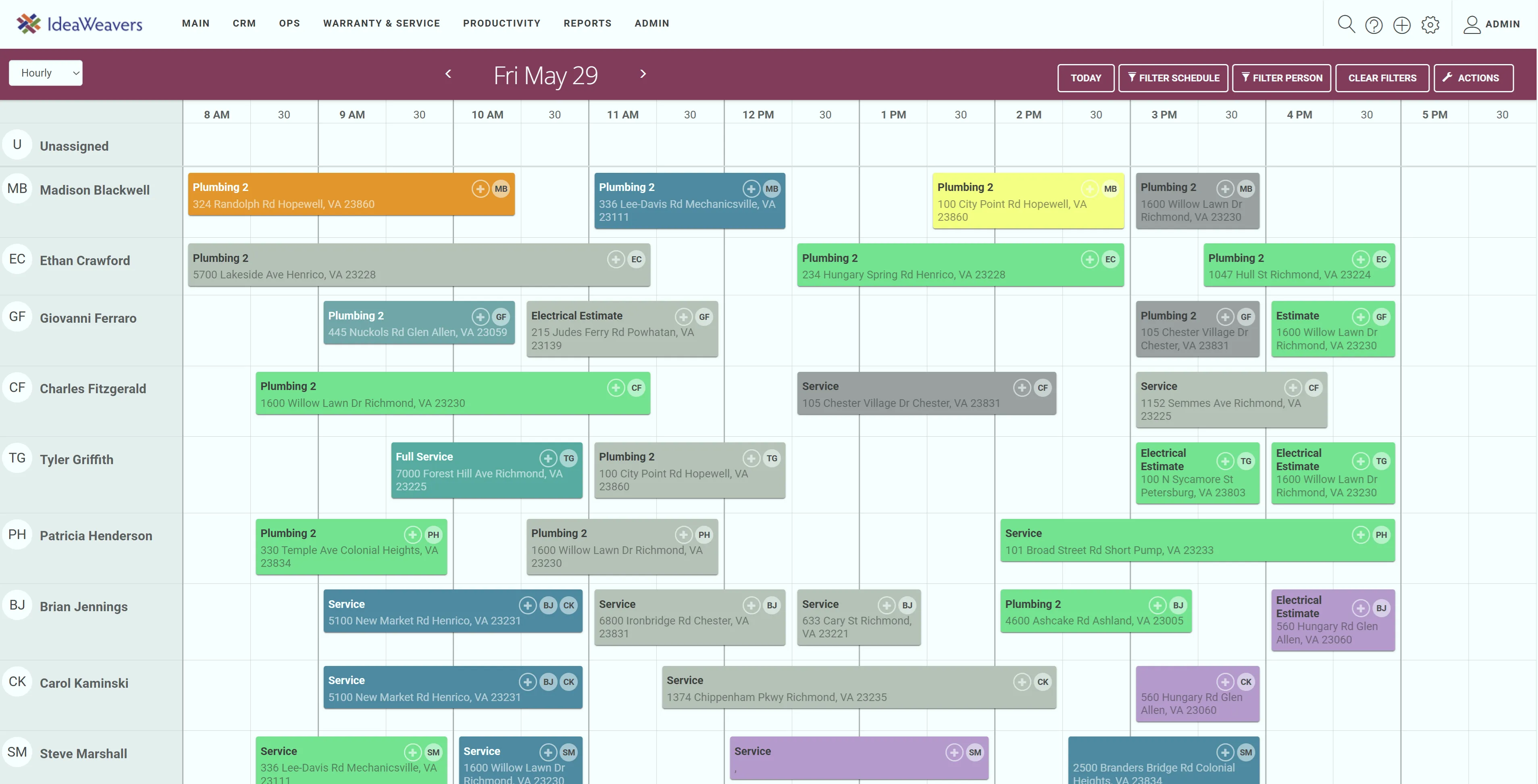 CommonThread Scheduler Hourly View  - CommonThread field service software