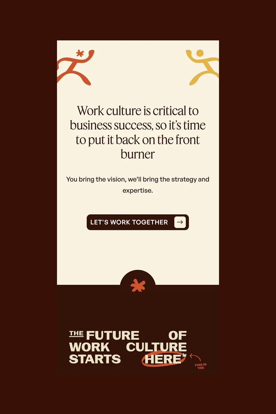 Anomaly call to action card with illustrated figures and "Work culture is critical to business success" headline with Let's Work Together button
