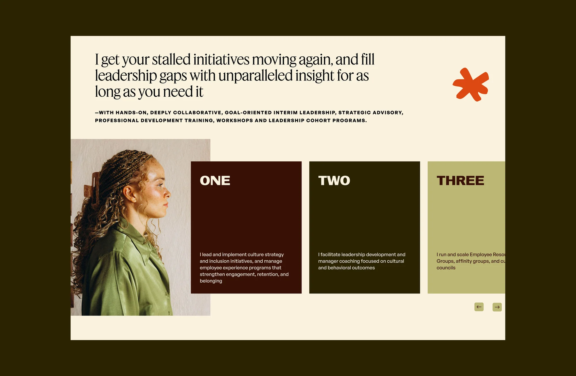 Anomaly services desktop page showing "I get your stalled initiatives moving again" headline with numbered service cards and founder portrait