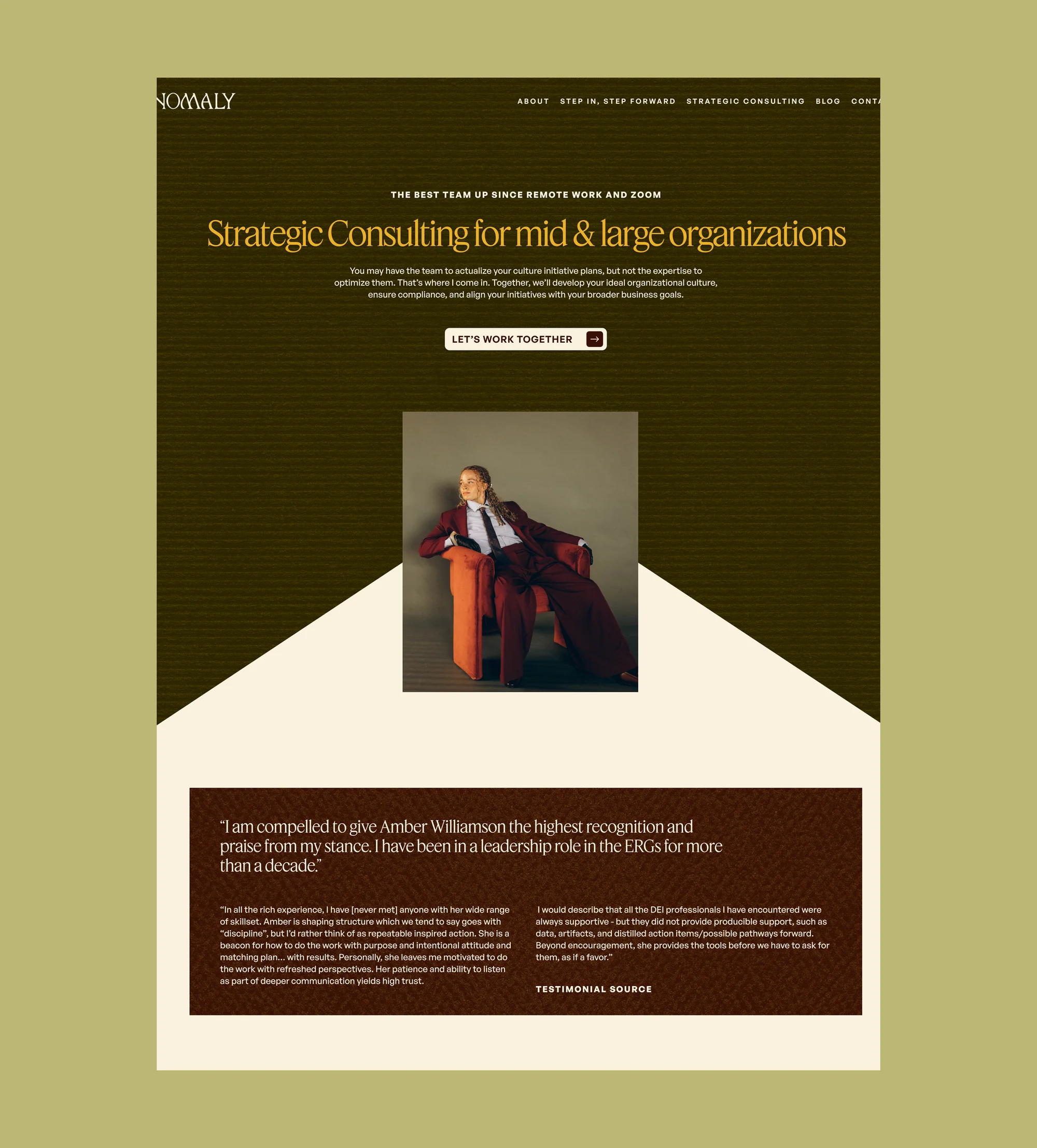 Anomaly Strategic Consulting for mid and large organizations desktop page with founder seated in red velvet chair and client testimonial