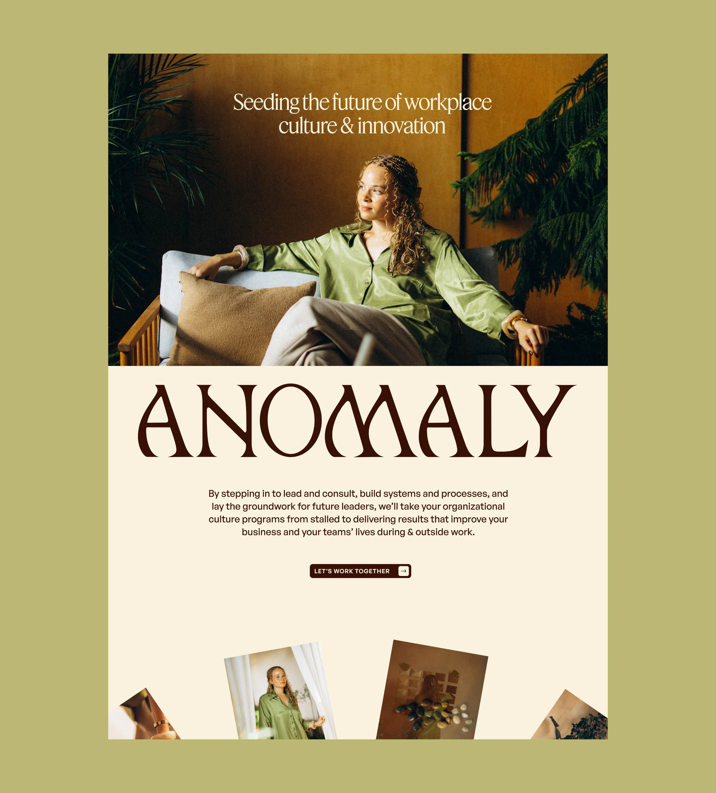 Anomaly homepage desktop mockup with olive green background, founder portrait, and "Seeding the future of workplace culture & innovation" headline