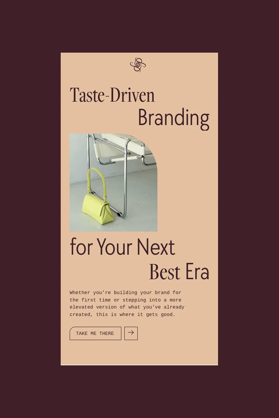 Palmetta mobile page showing "Taste-Driven Branding for Your Next Best Era" headline with lime yellow handbag and Take Me There CTA