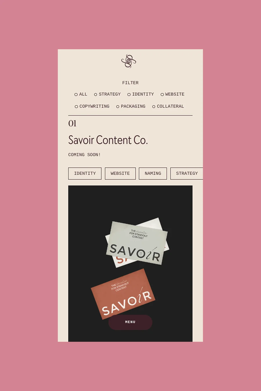 Palmetta work portfolio mobile page on pink background showing Savoir Content Co. project with service filter tabs and brand card mockup