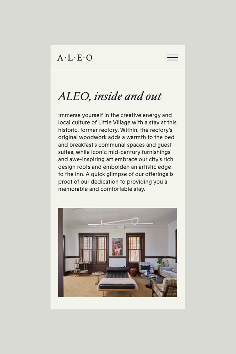 ALEO "inside and out" mobile about section describing the historic former rectory with a photo of the mid-century modern communal lounge