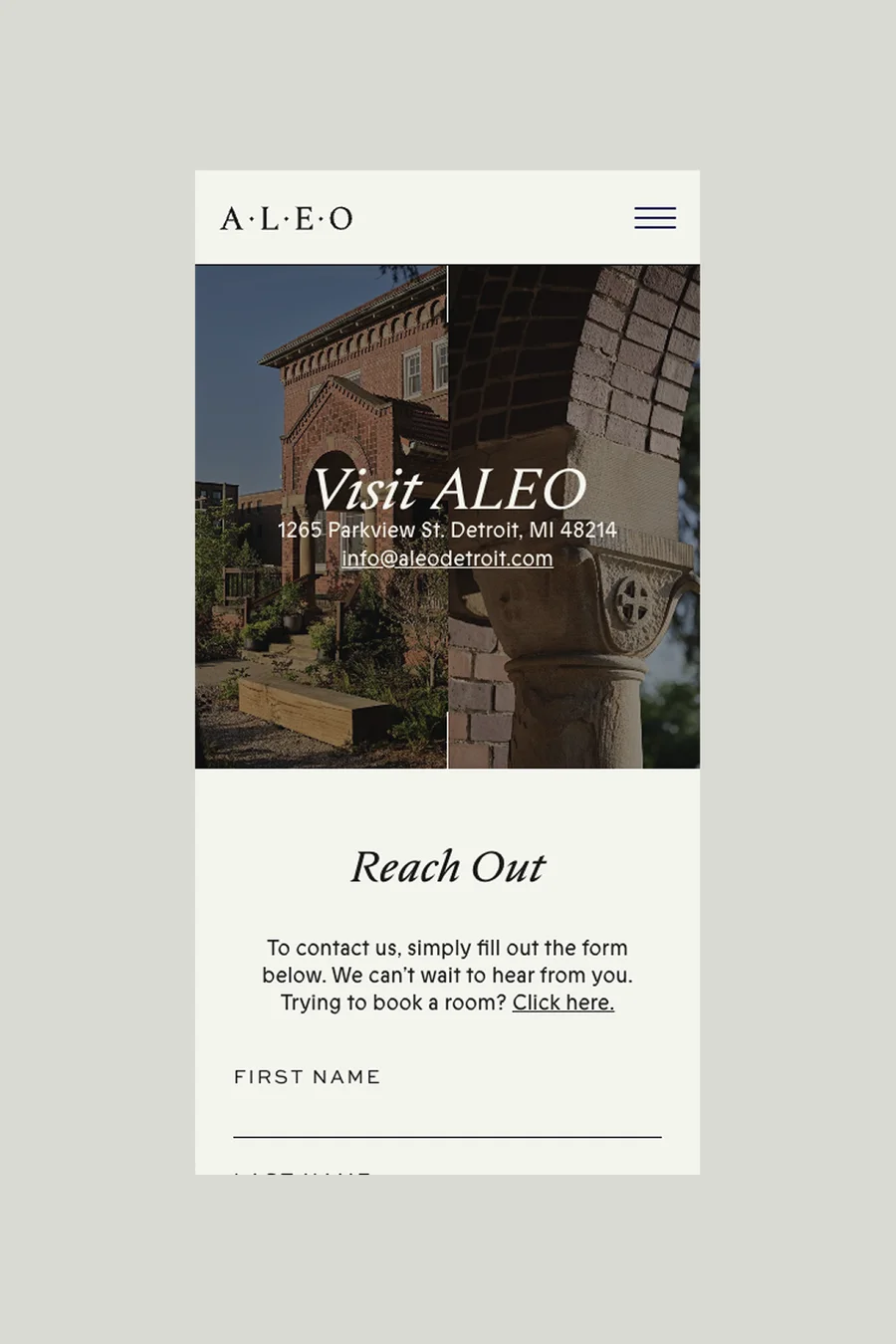 ALEO contact mobile page showing "Visit ALEO" with the building exterior, address at 1265 Parkview St. Detroit, and a Reach Out contact form