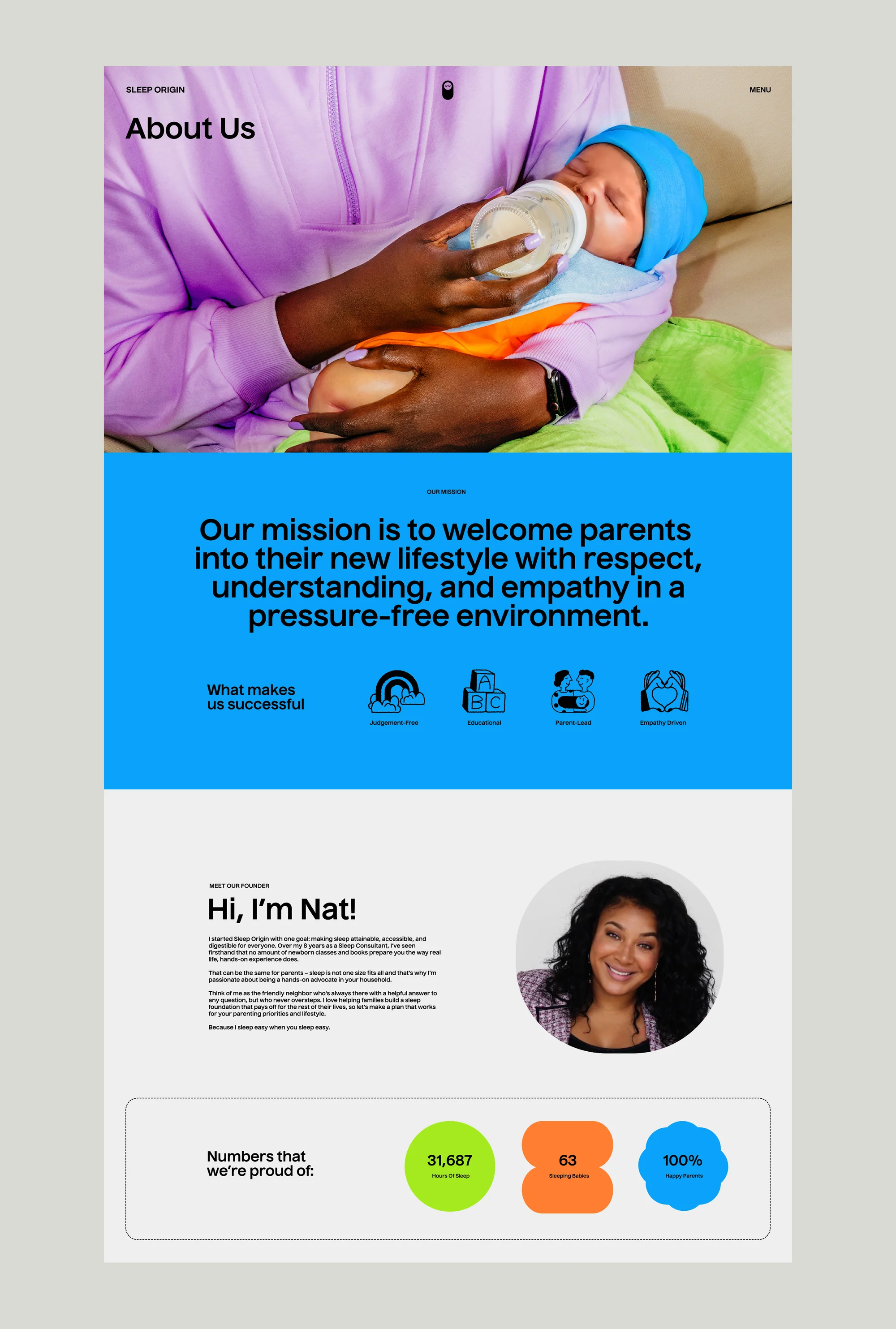 Sleep Origin about page desktop mockup introducing the founder and sleep consulting philosophy