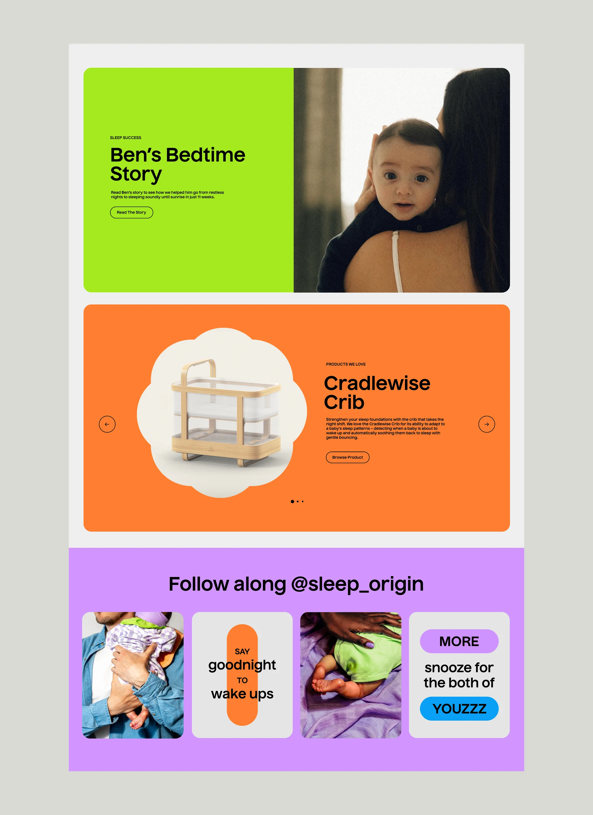 Sleep Origin blog and products desktop page featuring sleep resources and recommended products for new parents
