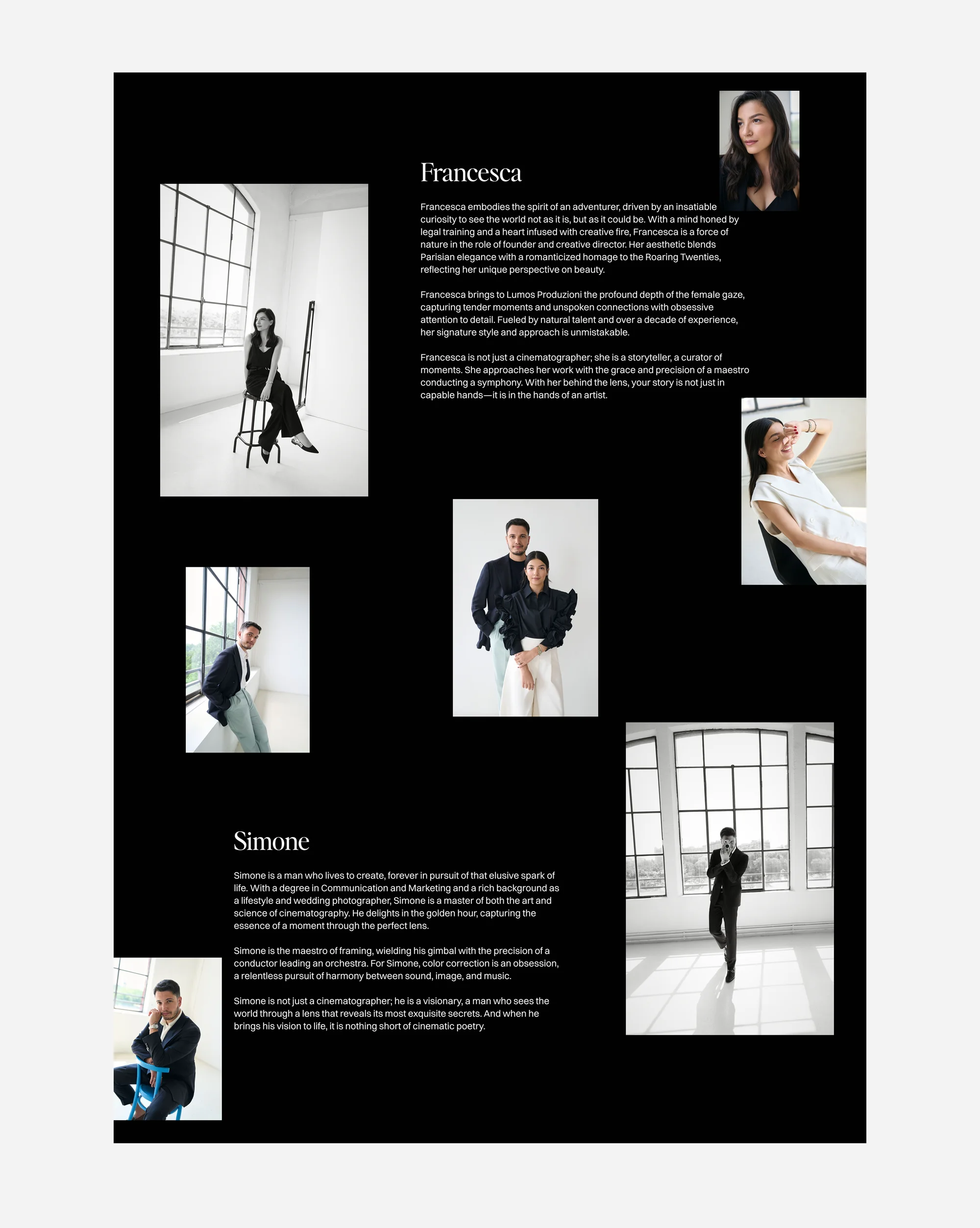 Lumos Produzioni about page desktop featuring founder Francesca and cinematographer Simone with individual portraits and bios on a black background