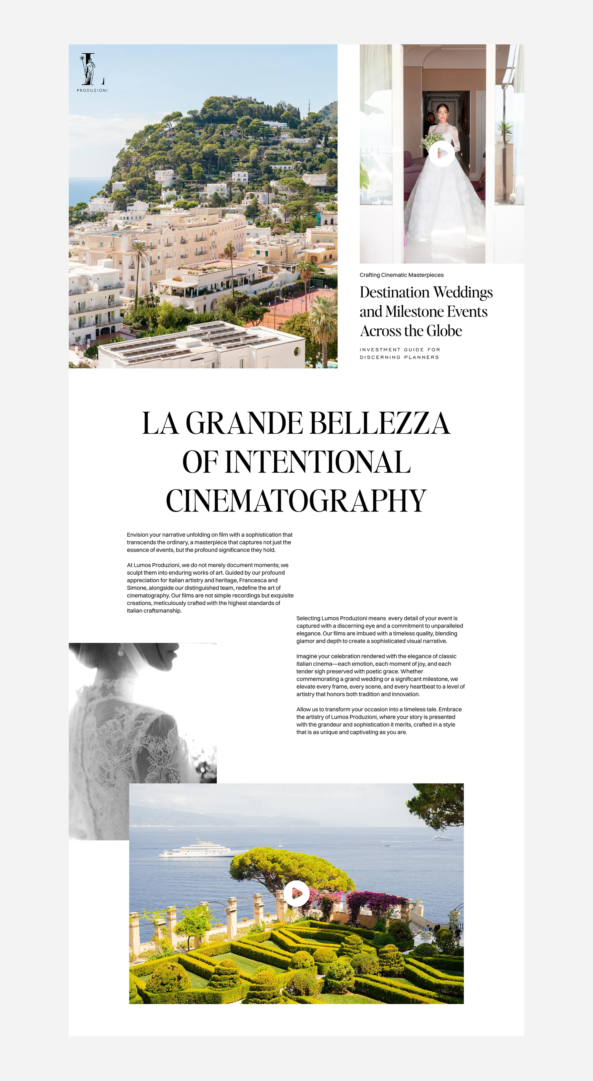 Lumos Produzioni homepage desktop featuring aerial view of Capri, bridal portrait, and "La Grande Bellezza of Intentional Cinematography" headline with Italian gardens video thumbnail