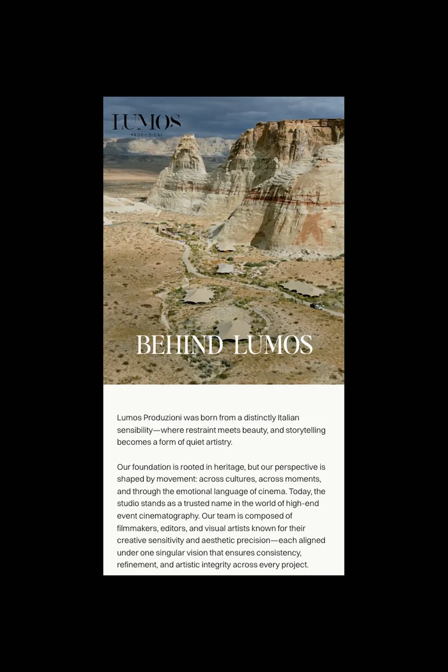 Lumos Produzioni "Behind Lumos" mobile page with aerial desert canyon landscape and brand story copy on white background