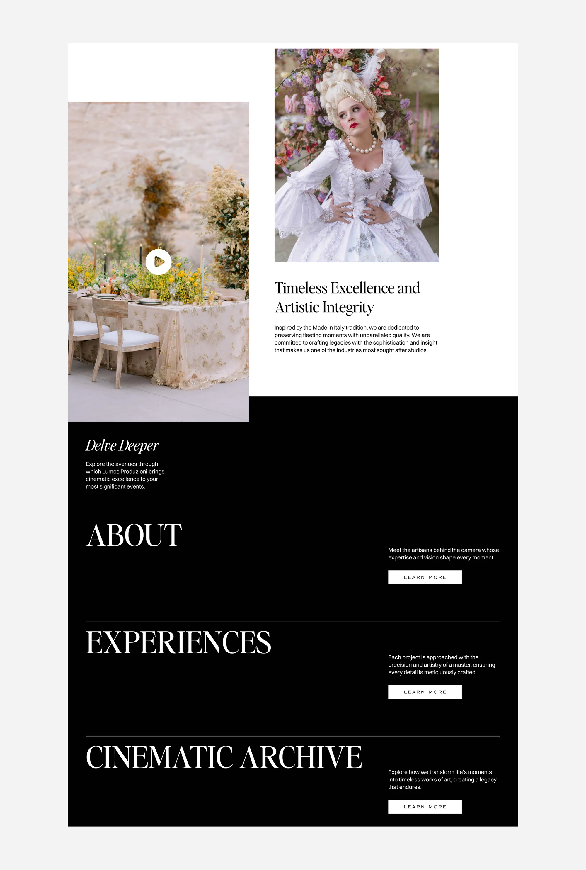 Lumos Produzioni homepage desktop showing "Timeless Excellence and Artistic Integrity" section with floral tablescape and Marie Antoinette styled bride, and dark navigation section with About, Experiences, and Cinematic Archive links