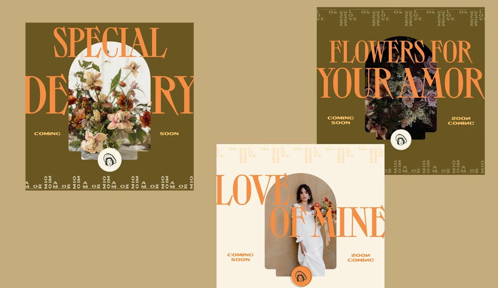 Three Amor Mio by Unwritten Florals Instagram graphics: "Special Delivery," "Flowers for Your Amor," and "Love of Mine" — in olive, dark green, and cream colorways