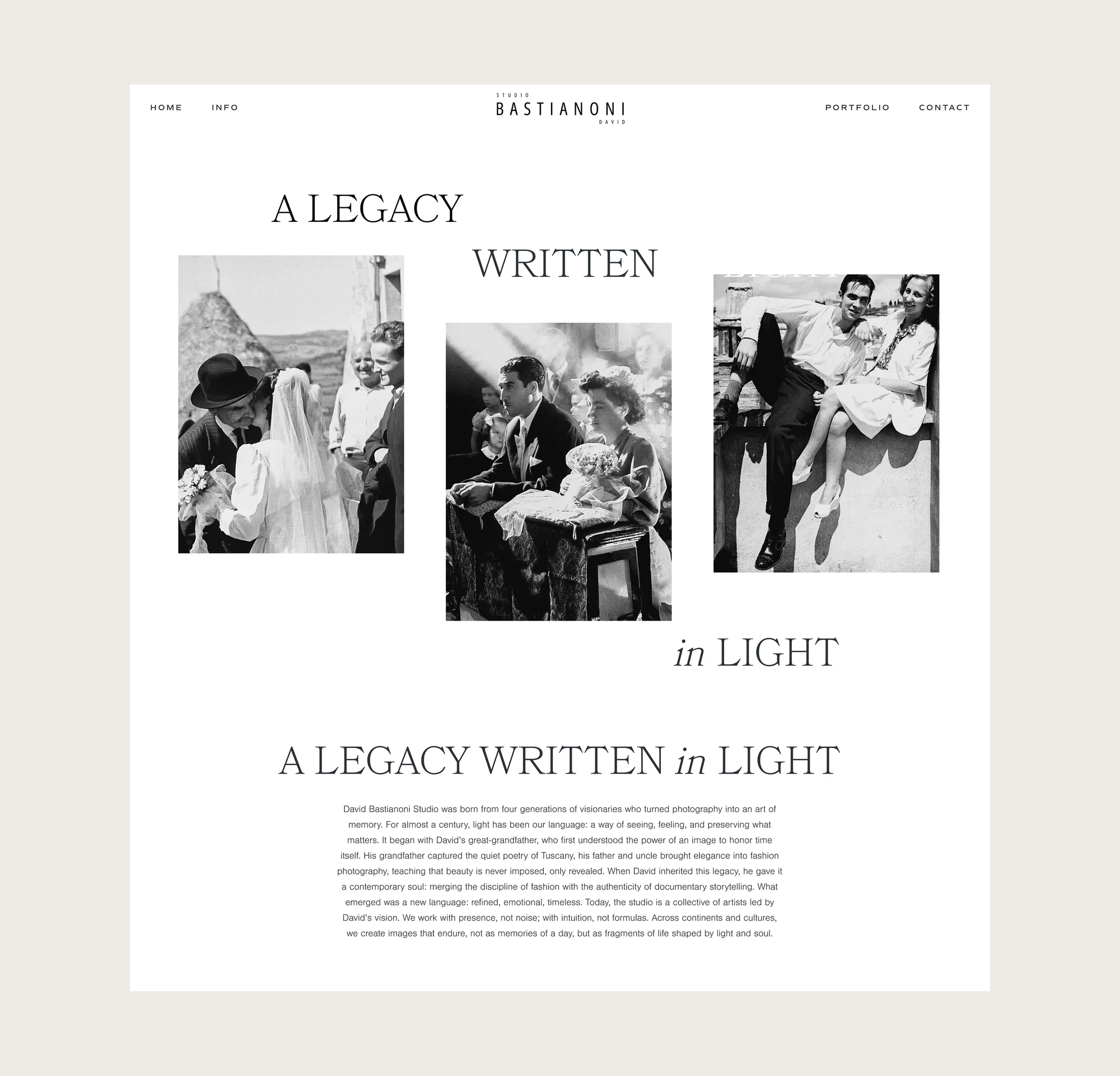 David Bastianoni Studio about desktop page with "A Legacy Written in Light" headline and trio of vintage black and white wedding photographs