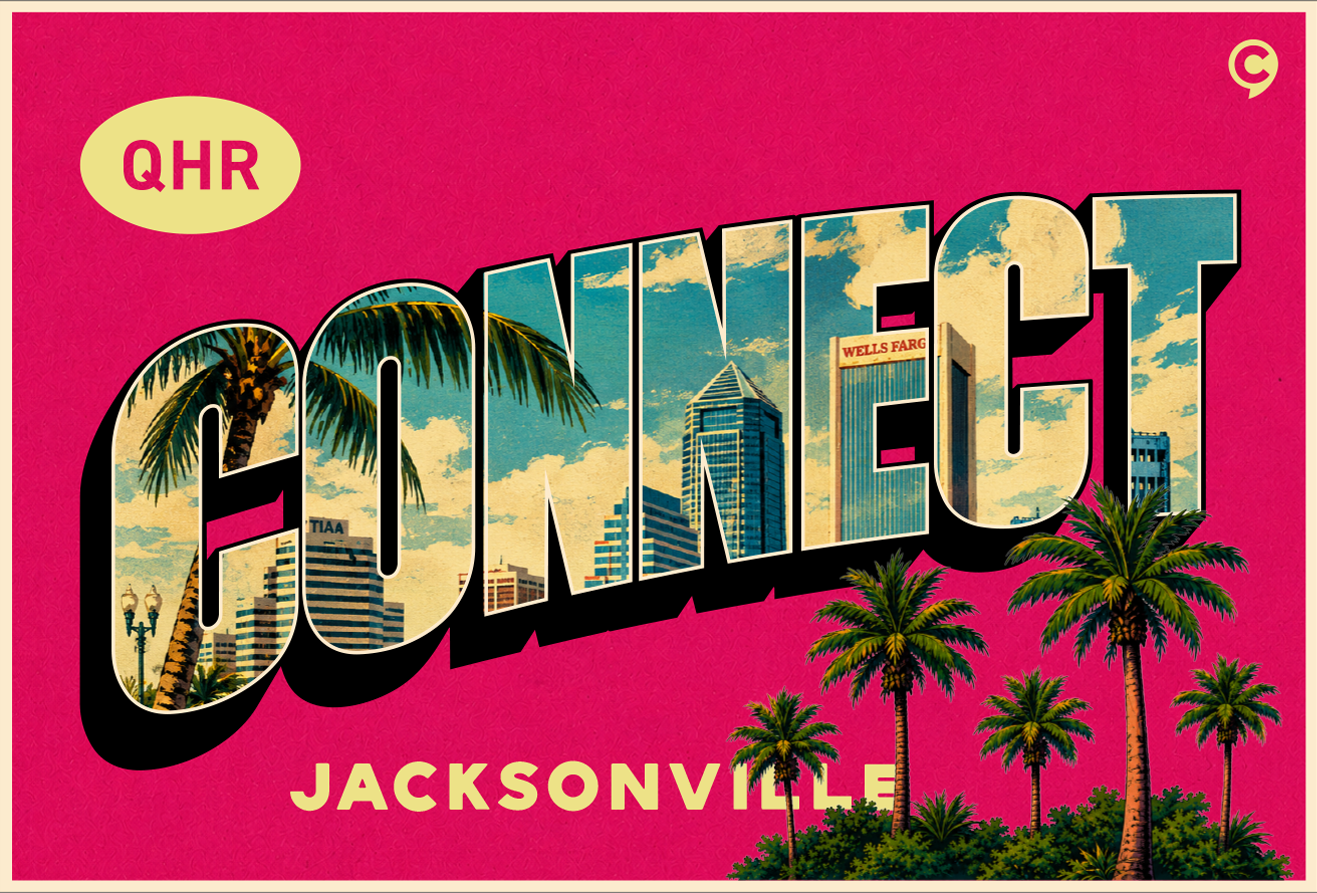 The word CONNECT with Jacksonville skyline and palm trees inside the letters on a pink background.