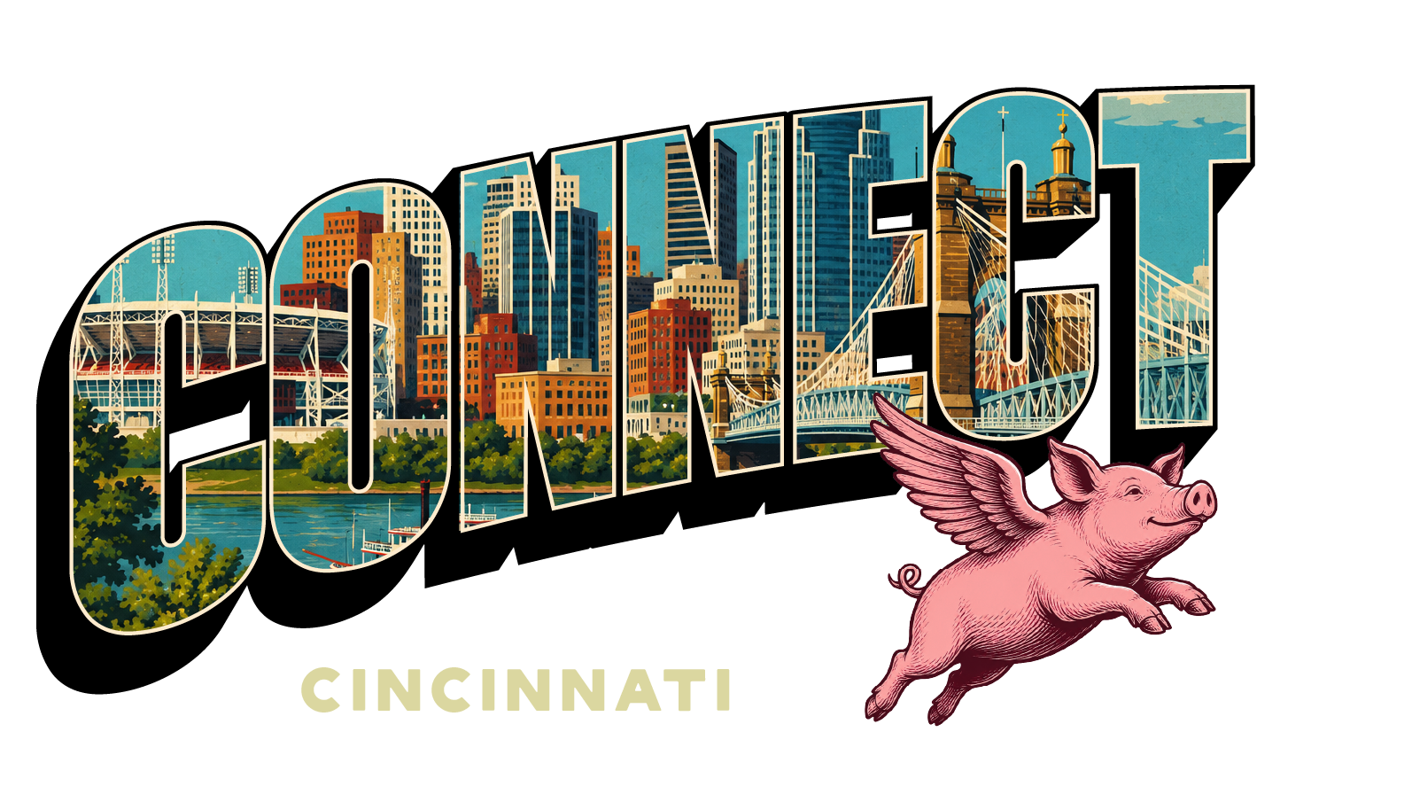 Word CINCINNATI with city skyline and a flying pink pig illustration to the right.