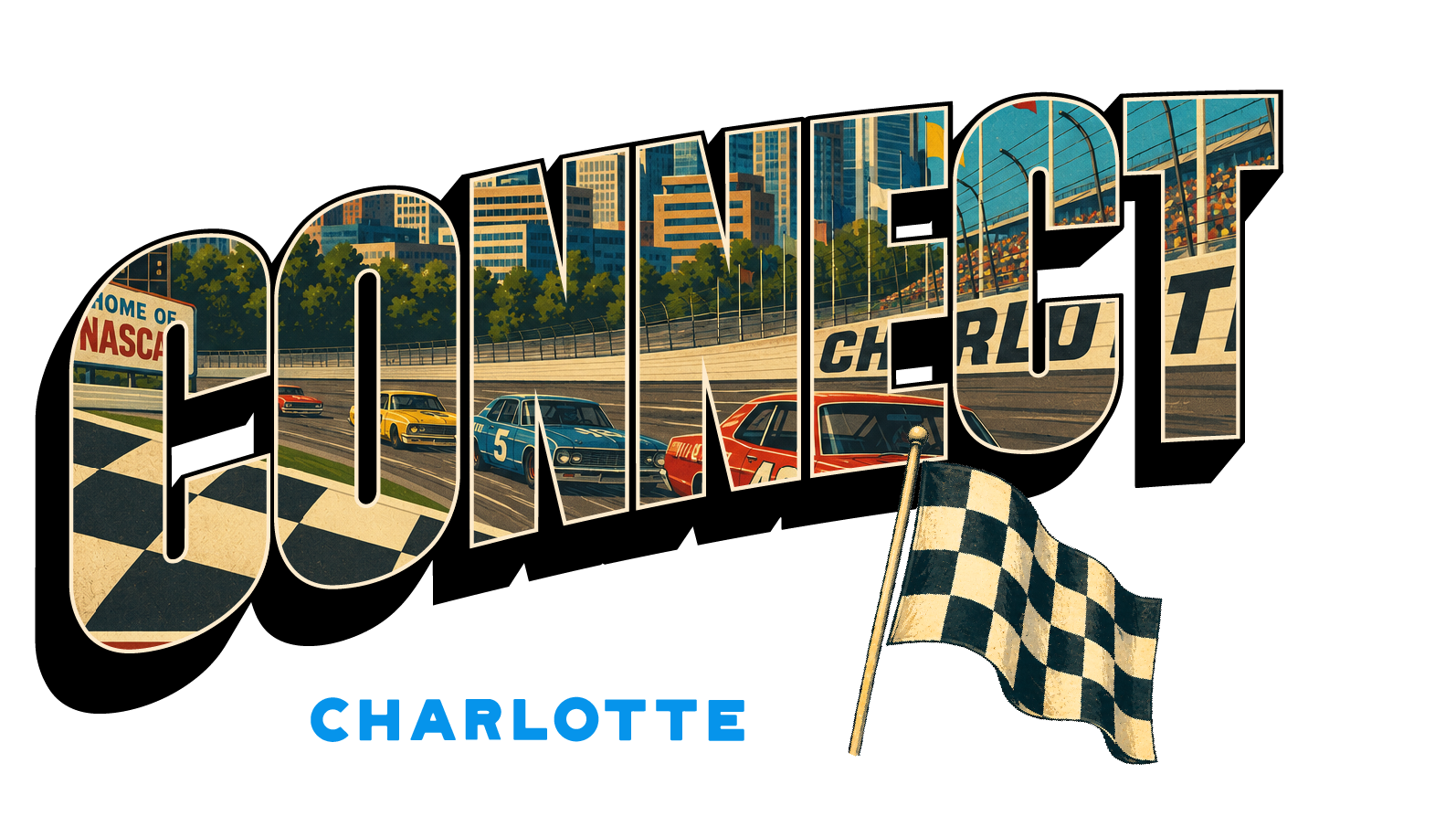 Vintage-style racing scene with cars on Charlotte NASCAR track and a checkered flag.