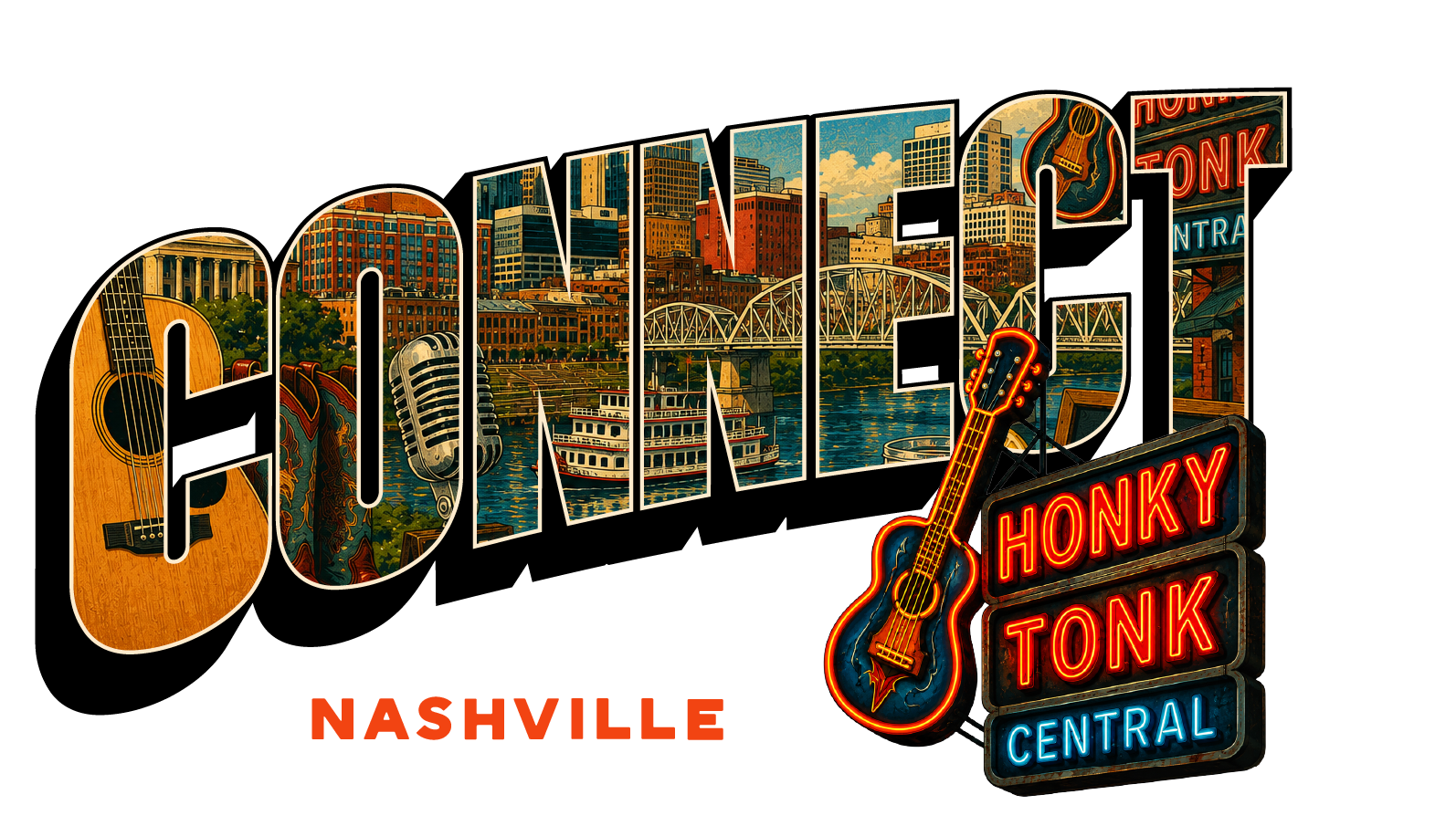 Text 'CONNECT' with Denver skyline and mountains inside letters, and a bison standing to the right.