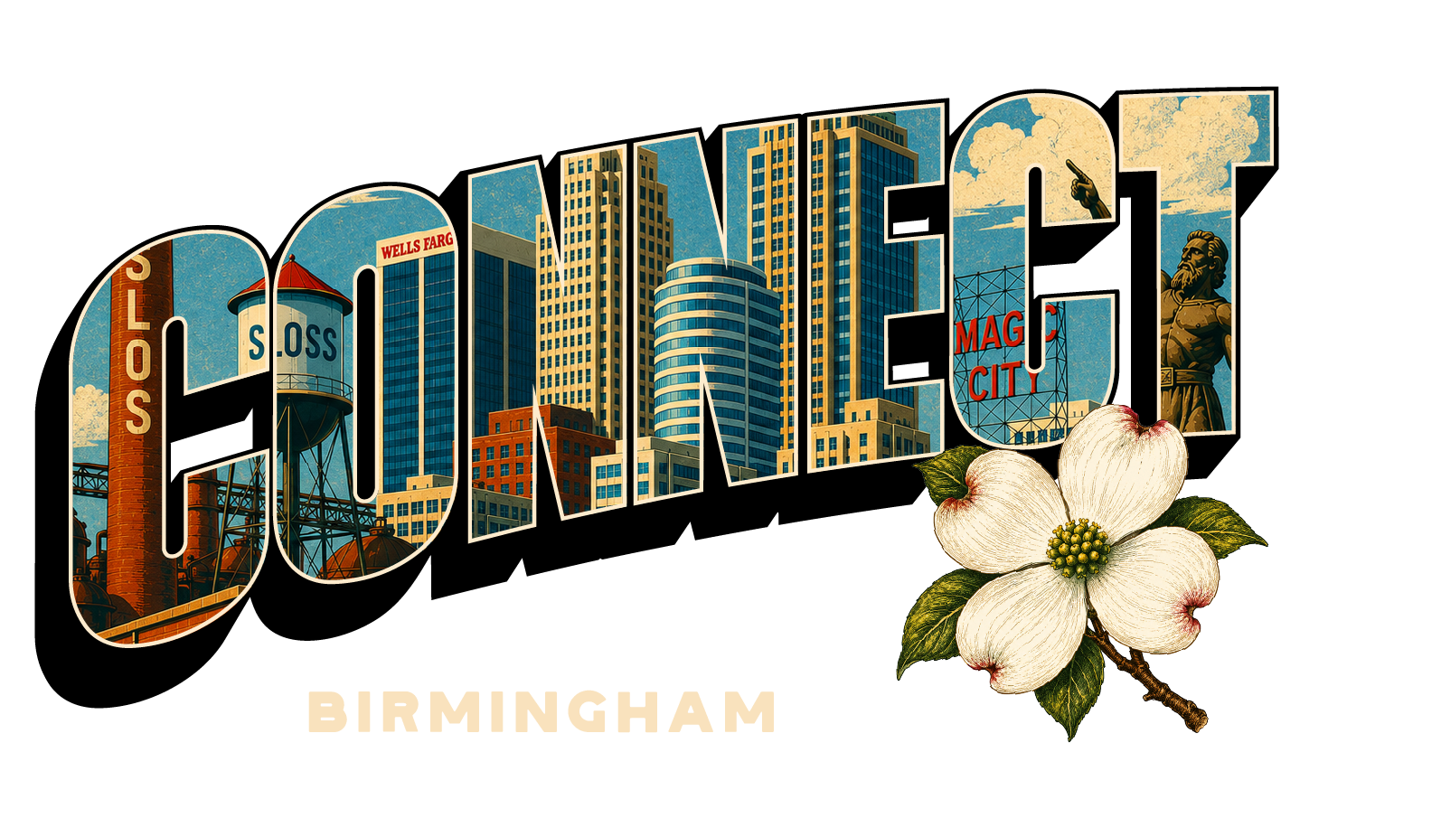 Text 'CONNECT' with Denver skyline and mountains inside letters, and a bison standing to the right.