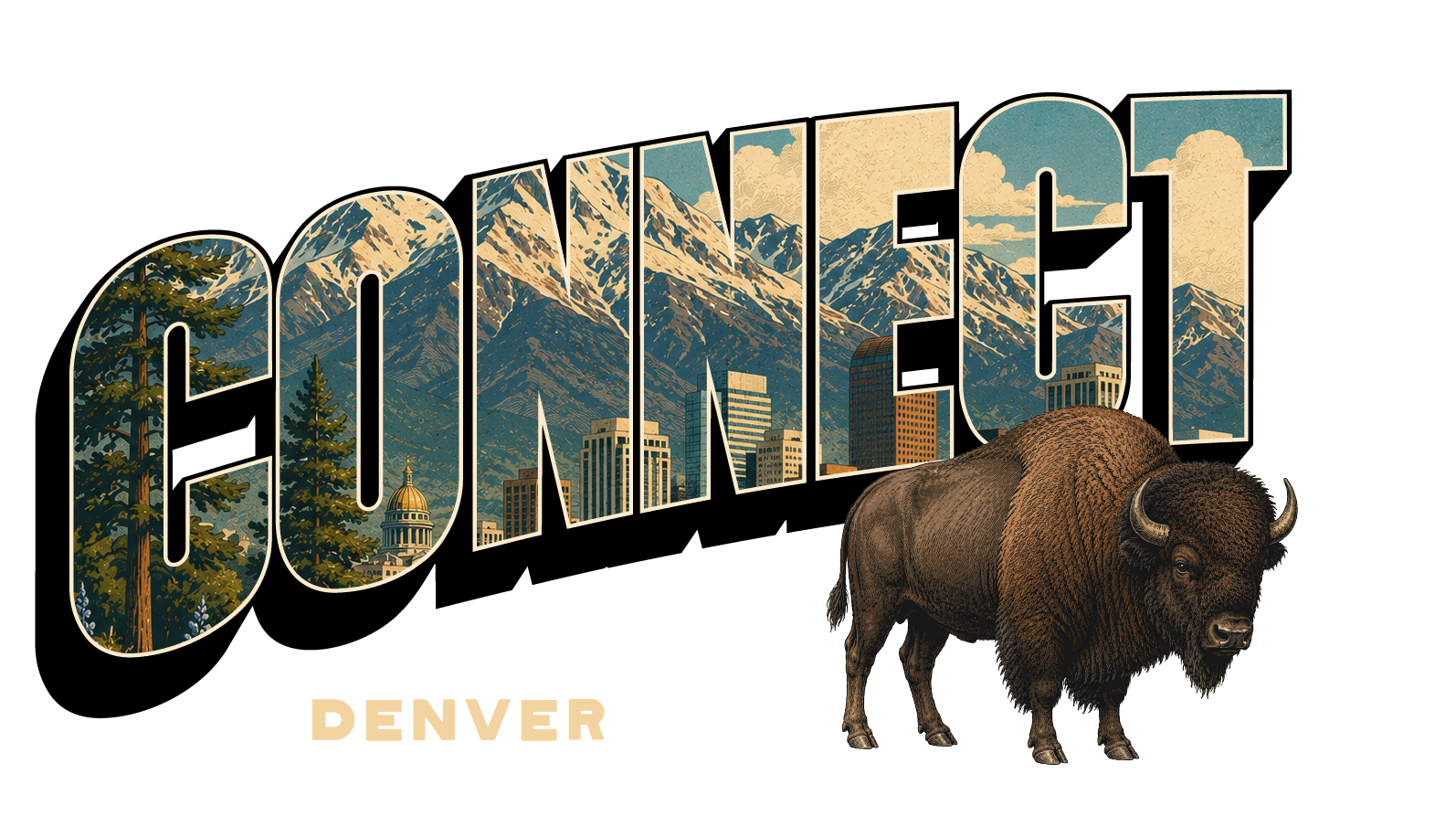 Text 'CONNECT' with Denver skyline and mountains inside letters, and a bison standing to the right.