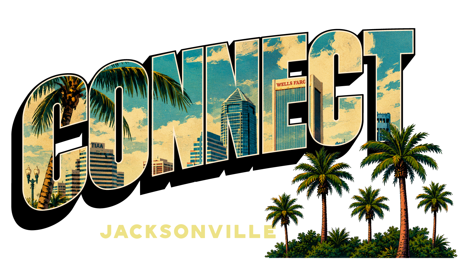 Word CONNECT with Jacksonville city skyline and palm trees in the background.