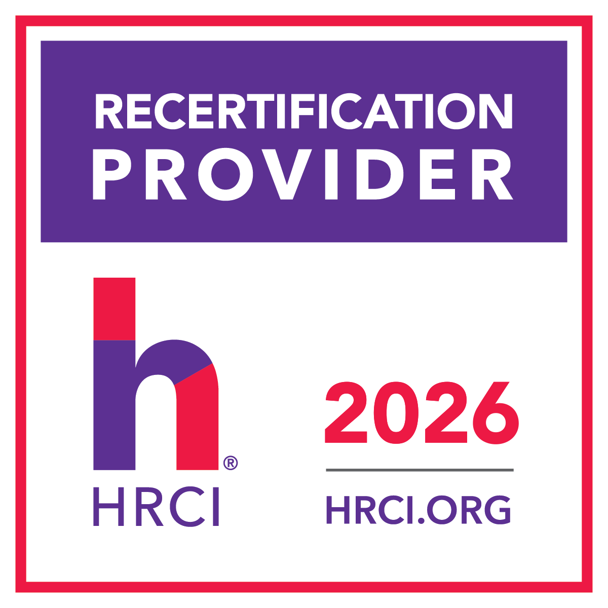HRCI Recertification Provider seal with year 2026 and website HRCI.org in purple and red colors.