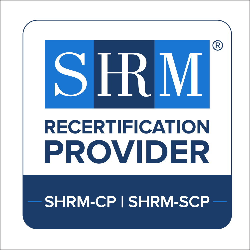 SHRM Recertification Provider badge with SHRM-CP and SHRM-SCP credentials listed below.
