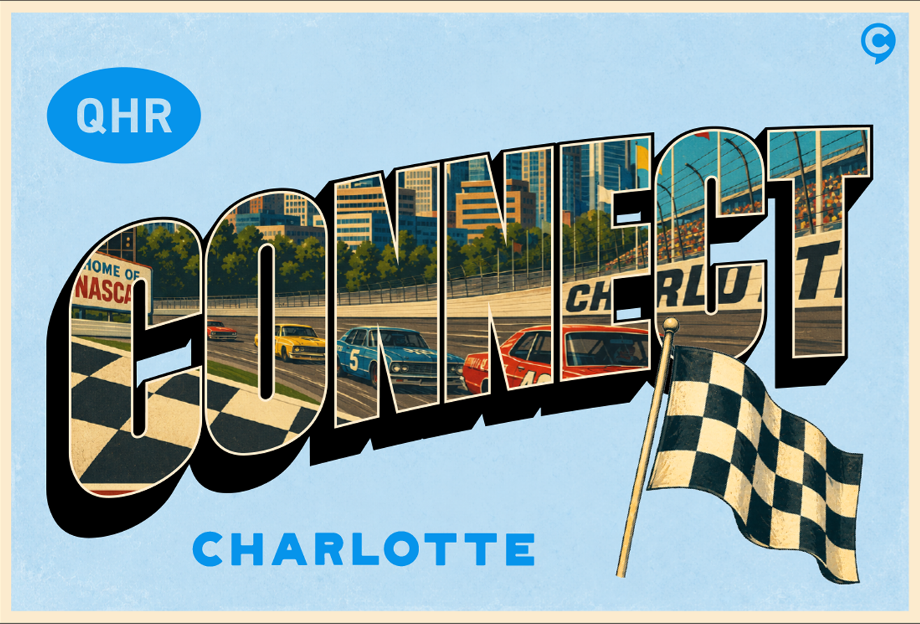 Text 'CONNECT' with race cars on a track inside letters and a checkered flag on blue background.