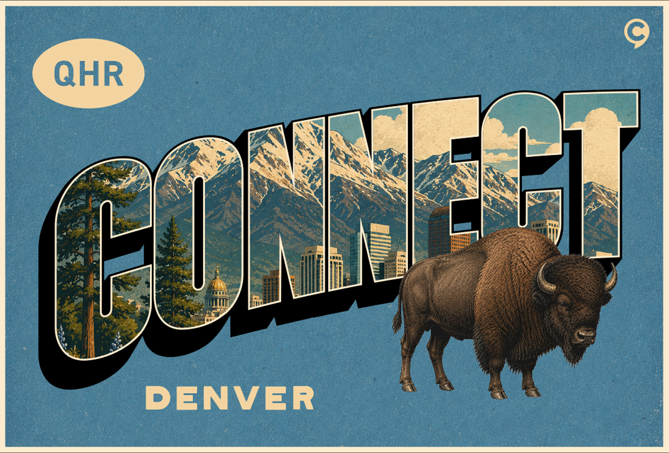 Vintage style CONNECT text showing Denver mountains and skyline with a bison on blue background.