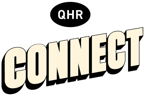 Text logo with QHR in a black oval above the word CONNECT in large cream letters with shadows.