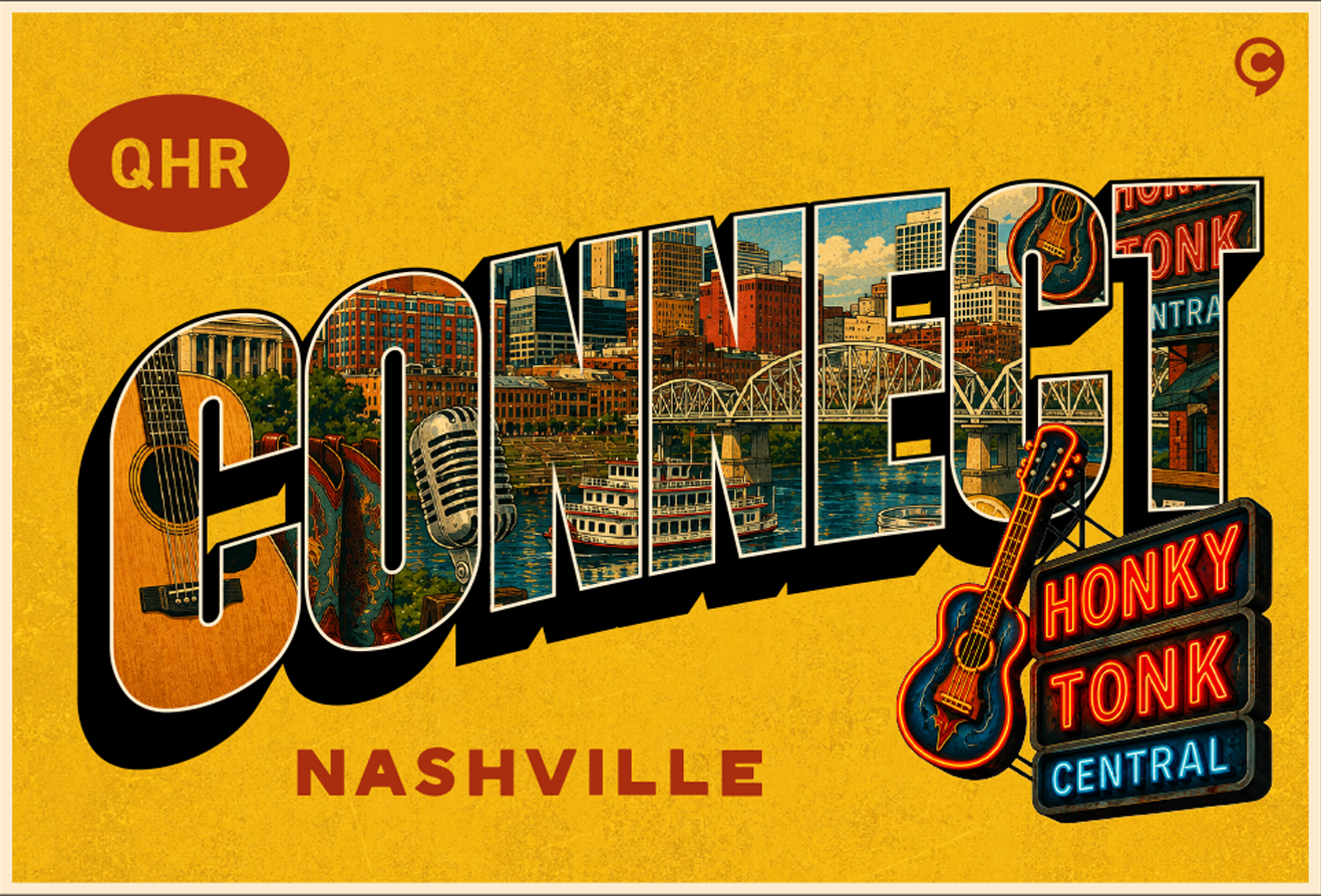 Vintage style CONNECT text showing Denver mountains and skyline with a bison on blue background.